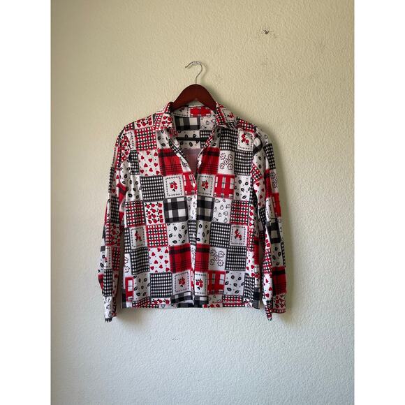 Vintage 70s patchwork red and white button up shirt size large - Picture 1 of 5